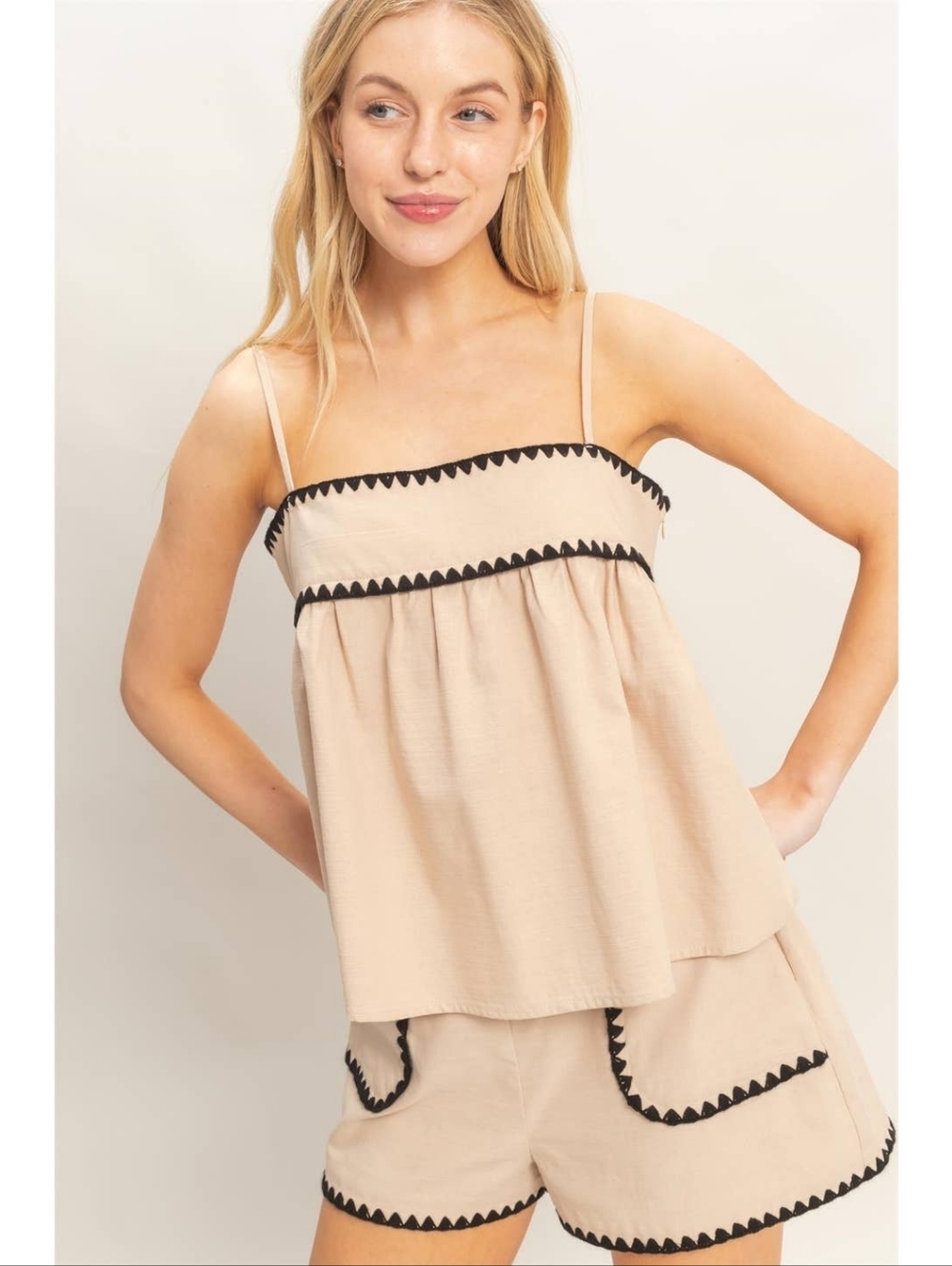 Beige Cotton Rayon Blend Peplum Tank Top and Shorts Set with Black Scallop Trim